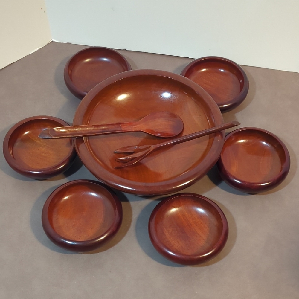 Vintage CaribCraft Solid Mahogany Wood Bowls Salad Set With Fork And Spoon Haiti